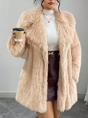 Tan Casual Women's Plus Size Faux Fur Coat